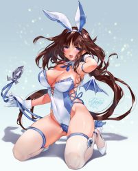 Rule 34 | 1girl, absurdly long hair, animal ears, arm strap, armpits, bare shoulders, blush, breasts, brown hair, cleavage, detached collar, earrings, fake animal ears, groin, hairband, high heels, highres, holding tail, jewelry, kneeling, large breasts, leotard, long hair, looking at viewer, low ponytail, open mouth, original, playboy bunny, purple eyes, rabbit ears, smile, solo, strapless, strapless leotard, stud earrings, tail, thighhighs, thighs, very long hair, wings, wrist cuffs, yanyo (ogino atsuki)