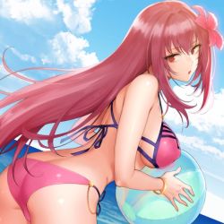Rule 34 | 1girl, adzuki anko, ass, back, bare shoulders, beach, bikini, blue sky, bracelet, breasts, butt crack, day, fate/grand order, fate (series), flower, hair between eyes, hair flower, hair intakes, hair ornament, hibiscus, jewelry, large breasts, long hair, looking at viewer, looking back, open mouth, pink bikini, purple hair, red eyes, scathach (fate), scathach (fate/grand order), scathach (swimsuit assassin) (fate), shoukaki (earthean), sky, solo, swimsuit