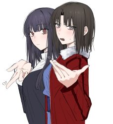 2girls asagami_fujino black_eyes black_hair blue_kimono blush egomeshi heart highres jacket japanese_clothes kara_no_kyoukai kimono long_hair long_sleeves looking_at_viewer multiple_girls open_clothes open_jacket purple_hair red_eyes red_jacket reien_girl&#039;s_academy_school_uniform ryougi_shiki school_uniform