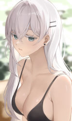 Rule 34 | 1girl, :/, armpit crease, bare arms, bare shoulders, bikini, black bikini, black bra, blurry, blurry background, bra, breasts, cleavage, closed mouth, colored eyelashes, earrings, green eyes, gya (144), hair between eyes, hair ornament, hairclip, highres, jewelry, large breasts, long hair, looking at viewer, original, sidelocks, solo, stud earrings, swimsuit, underwear, upper body, white hair