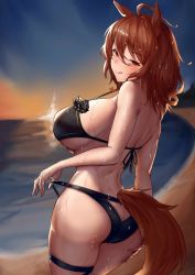 Rule 34 | 1girl, agnes tachyon (umamusume), ahoge, animal ears, ass, ass cutout, back, backboob, beach, bikini, blush, breasts, brown eyes, brown hair, butt crack, clothing cutout, hand on own thigh, horse ears, horse girl, horse tail, huge breasts, jiang (kplrt 07), looking at viewer, pulling, resized, swimsuit, tail, tongue, tongue out, umamusume, wet