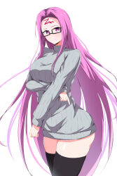 Rule 34 | 1girl, absurdres, arm under breasts, black thighhighs, breasts, closed mouth, facial mark, fate/stay night, fate (series), forehead mark, glasses, grey sweater, highres, kirikan (cokekiri), large breasts, long hair, long sleeves, medusa (fate), medusa (rider) (fate), purple eyes, purple hair, rectangular eyewear, ribbed sweater, solo, sweater, thighhighs, turtleneck, turtleneck sweater, very long hair