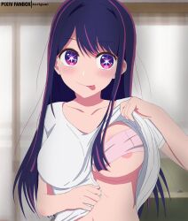 Rule 34 | 1girl, :p, artist name, blush, breasts, chromatic aberration, closed mouth, clothes lift, collarbone, commentary, double-parted bangs, hair between eyes, highres, hoshino ai (oshi no ko), indoors, kurigamikun, large breasts, lifting own clothes, long hair, looking at viewer, nipple slip, nipples, one breast out, oshi no ko, paid reward available, purple eyes, purple hair, shirt, shirt lift, short sleeves, smile, solo, star-shaped pupils, star (symbol), straight-on, straight hair, symbol-shaped pupils, tongue, tongue out, upper body, upturned eyes, very long hair, white shirt