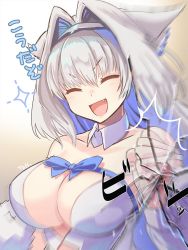 Rule 34 | 1girl, animal ears, bow, breasts, closed eyes, cracked screen, detached collar, dobrynya nikitich (fate), fang, fate/grand order, fate (series), fourth wall, hair intakes, large breasts, punching, silver hair, toh.