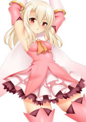 Rule 34 | 1girl, armpits, arms up, bare shoulders, blush, boots, breasts, cape, cowboy shot, dress, fate/kaleid liner prisma illya, fate (series), feather hair ornament, feathers, gloves, hair between eyes, hair ornament, illyasviel von einzbern, long hair, looking at viewer, magical girl, open mouth, pink dress, pink gloves, pink thighhighs, prisma illya, red eyes, simple background, small breasts, solo, thigh boots, thighhighs, thighs, toshishikisai, two side up, white background, white gloves, white hair