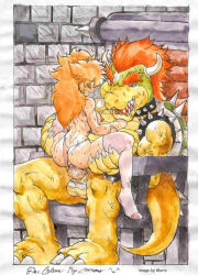 Rule 34 | 1girl, artist request, ass, blush, bowser, breasts, brick, chair, clothing aside, erection, girl on top, happy sex, highleg, highleg panties, interspecies, mario (series), monster, muscular, nintendo, nipples, panties, panties aside, penis, princess peach, sex, sitting, spikes, straddling, sweat, tail, thighhighs, thong, topless, uncensored, underwear, upright straddle, vaginal, white panties, white thighhighs