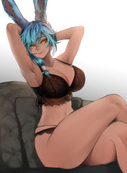 Rule 34 | 1girl, animal ears, armpits, arms behind head, blue hair, bra, breasts, brown bra, brown panties, rabbit ears, cleavage, commission, couch, feet out of frame, frilled bra, frilled panties, frills, grey background, large breasts, lingerie, mitsukichi, original, panties, side ponytail, sitting, skeb commission, smile, solo, underwear, yellow eyes