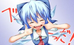 Rule 34 | 1girl, blush, cirno, d:, d:&lt;, finger in own mouth, nogiguchi, open mouth, short hair, solo, tongue, tongue out, touhou, v-shaped eyebrows