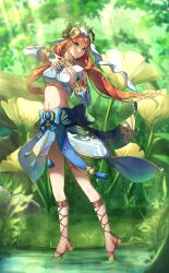 Rule 34 | 1girl, absurdres, blue gemstone, blue skirt, blush, breasts, brooch, circlet, crop top, day, detached sleeves, fake horns, gem, genshin impact, gladiator sandals, gold footwear, gold trim, grass, harem outfit, highres, horns, jewelry, long hair, long sleeves, looking at viewer, medium breasts, navel, neck ring, nilou (genshin impact), outdoors, puffy sleeves, qoray7, red hair, sandals, skirt, smile, solo, stomach, sunlight, thighlet, twintails, veil, water, white headwear, white veil