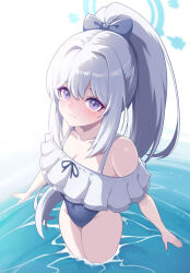 Rule 34 | 1girl, bare arms, bare legs, bare shoulders, black one-piece swimsuit, blue archive, blue halo, blush, breasts, casual one-piece swimsuit, cleavage, closed mouth, collarbone, cowboy shot, frilled one-piece swimsuit, frills, fuyu no usagi, grey hair, grin, hair between eyes, halo, highres, long hair, looking at viewer, miyako (blue archive), miyako (swimsuit) (blue archive), off-shoulder one-piece swimsuit, off shoulder, official alternate costume, one-piece swimsuit, ponytail, purple eyes, small breasts, smile, solo, swimsuit, water