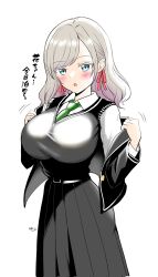 1girl :o black_jacket black_skirt black_sweater_vest blazer blue_eyes blush breasts ceras_yanagida_lilienfeld collared_shirt commentary corrupted_twitter_file cowboy_shot dress_shirt green_necktie grey_hair hair_ribbon highres huge_breasts jacket link!_like!_love_live! long_hair looking_at_viewer love_live! mizukawa_school_uniform necktie pink_ribbon pleated_skirt ribbon ryopa school_uniform shirt signature simple_background skirt solo sweater_vest swept_bangs translation_request undressing white_background white_shirt