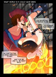 Rule 34 | 1boy, 1girl, 1koma, against wall, armlet, armpits, arms up, artist name, black border, black dress, blonde hair, blue eyes, blue overalls, blush, border, bowsette, bracelet, breasts, brooch, brown hair, carillus, chain, cleavage, clenched teeth, collar, comic, dress, english text, eye contact, facial hair, gloves, hat, highres, horns, huge breasts, jewelry, kabedon, long hair, looking at another, mallet, mario, mario (series), mustache, new super mario bros. u deluxe, nintendo, no bra, outside border, overalls, pointy ears, ponytail, red eyes, red hat, red shirt, restrained, shirt, short hair, speech bubble, spiked armlet, spiked bracelet, spiked collar, spikes, standing, strapless, strapless dress, strapless shirt, super crown, super mario bros. 1, teeth, wall, white gloves