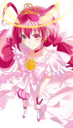 Rule 34 | 1girl, absurdres, antenna hair, boots, bow, bow earrings, brooch, choker, closed mouth, cure happy, cure happy (princess form), dress, earrings, frills, from above, halo, highres, hoshizora miyuki, jewelry, knee boots, legs apart, long hair, looking at viewer, low twintails, magical girl, nani (s2 nani), pink choker, pink dress, pink eyes, pink hair, pink skirt, pleated skirt, precure, simple background, skirt, smile, smile precure!, solo, striped bow, tiara, twintails, white background, white footwear, white wrist cuffs, wrist cuffs, yellow halo