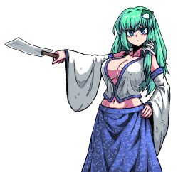 Rule 34 | 1girl, :/, blue eyes, breasts, cleavage, closed mouth, collarbone, collared shirt, detached sleeves, formicid, frog, frog hair ornament, gohei, green hair, hair intakes, hair ornament, hair tubes, hand on own hip, hand up, holding, jaggy lines, kochiya sanae, large breasts, long hair, long skirt, midriff, navel, nontraditional miko, oekaki, outstretched arm, partially unzipped, shirt, simple background, skirt, sleeveless, sleeveless shirt, snake, snake hair ornament, solo, stomach, touhou, vest, white background, wide sleeves, zipper