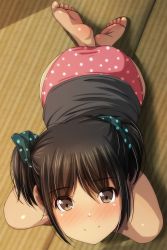 Rule 34 | 1girl, absurdres, all fours, ass, bare shoulders, barefoot, black scrunchie, black shirt, blush, brown eyes, closed mouth, from above, full body, hair between eyes, hair ornament, hair scrunchie, highres, indoors, looking at viewer, looking up, matsunaga kouyou, no pants, nose blush, on floor, original, panties, polka dot, polka dot panties, polka dot scrunchie, red panties, scrunchie, shirt, short twintails, smile, soles, solo, tatami, twintails, underwear