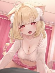 Rule 34 | 1girl, absurdres, ahoge, animal ear fluff, animal ears, blonde hair, blouse, blush, breasts, cat ears, cat girl, cat tail, cleavage, hair ornament, heart, heart ahoge, highres, kemomimi refle!, kuyukian3, large breasts, looking at viewer, medium hair, mouth hold, nekoma karin, open mouth, pink ribbon, plaid, plaid skirt, red eyes, ribbed shirt, ribbon, saliva, second-party source, shirt, skirt, solo, tail, tail ornament, tail ribbon, virtual youtuber, white shirt, wing hair ornament