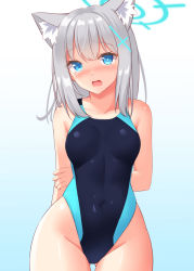 Rule 34 | 1girl, animal ear fluff, animal ears, arms behind back, bare shoulders, blue archive, blue background, blue eyes, blue one-piece swimsuit, blush, breasts, bright pupils, cat ears, collarbone, commentary request, competition swimsuit, covered navel, cowboy shot, cross hair ornament, embarrassed, gluteal fold, gradient background, groin, hair ornament, long hair, looking at viewer, mismatched pupils, nose blush, one-piece swimsuit, open mouth, shiroko (blue archive), shiroko (swimsuit) (blue archive), silver hair, small breasts, solo, swimsuit, thigh gap, tokyo yamane, two-tone swimsuit, wide hips