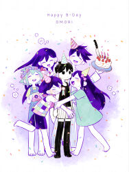 Rule 34 | 2girls, 4boys, ^ ^, aqua hair, arms at sides, barefoot, basil (headspace) (omori), basil (omori), birthday cake, black hair, black thighhighs, blue dress, blue overalls, bow, box, cake, camera, closed eyes, collarbone, colored skin, dress, expressionless, flower (symbol), flower wreath, food, gift, gift box, green shirt, grin, group hug, hair bow, happy, happy birthday, hat, head wreath, hero (headspace) (omori), hero (omori), highres, holding, holding camera, holding gift, holding plate, hug, kel (headspace) (omori), kel (omori), kitchen knife, long hair, mari (headspace) (omori), mari (omori), multiple boys, multiple girls, omori, omori (omori), open mouth, overalls, pants, party hat, plate, purple hair, purple shorts, shirt, short hair, short sleeves, shorts, simple background, smile, standing, striped clothes, striped pants, striped shorts, thighhighs, toastytoast, white background, white shorts, white skin