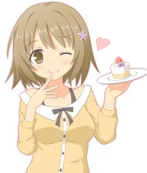 Rule 34 | 1girl, ;t, breasts, brown eyes, brown hair, brown outline, brown shirt, cake, closed mouth, collarbone, collared shirt, commentary request, dress shirt, eating, flower, food, food on face, fruit, hair between eyes, hair flower, hair ornament, holding, holding plate, idolmaster, idolmaster cinderella girls, medium breasts, mimura kanako, off-shoulder shirt, off shoulder, one eye closed, outline, plate, purple flower, shino megumi, shirt, smile, solo, strawberry, upper body, white background