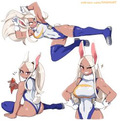 Rule 34 | 1girl, absurdres, animal ears, armpits, arms up, ass, bare shoulders, blue thighhighs, boku no hero academia, breasts, carrot, closed mouth, commentary, dark-skinned female, dark skin, dashi (dashiart), eating, floating hair, flying kick, food, from behind, gloves, grin, hands on own hips, highleg, highleg leotard, highres, holding, holding carrot, holding food, kicking, large breasts, leotard, looking at viewer, looking back, mirko, multiple views, one eye closed, open mouth, patreon username, rabbit ears, rabbit tail, smile, sparkle, symbol-only commentary, tail, thighhighs, thighs, tongue, tongue out, v-shaped eyebrows, watermark, web address, white gloves
