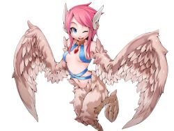 Rule 34 | 1girl, bird legs, blue eyes, blush, breasts, brown feathers, brown wings, choker, earrings, feather hair, feathered wings, feathers, frfr, game cg, harpy, jewelry, looking at viewer, mon-musu quest!, monster girl, multicolored hair, navel, non-web source, one eye closed, open mouth, pendant choker, pink hair, reina (mon-musu quest!), short hair with long locks, sidelocks, small breasts, solo, talons, teeth, transparent background, upper teeth only, winged arms, wings