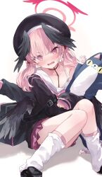 Rule 34 | 1girl, animal, beret, black hat, black shirt, black wings, blue archive, blush, feet out of frame, hat, head wings, highres, koharu (blue archive), long hair, looking at viewer, makihitsuji, open mouth, pink eyes, pink hair, pleated skirt, red skirt, sailor collar, sailor shirt, shirt, simple background, skirt, snail, socks, solo, stuffed animal, stuffed cat, stuffed toy, twintails, white background, white sailor collar, white socks, wings