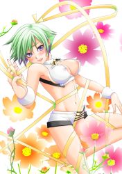 Rule 34 | 10s, 1girl, aquarion (series), aquarion evol, bad id, bad pixiv id, bare shoulders, breasts, cleavage, cleavage cutout, clothing cutout, covered erect nipples, flower, green hair, highres, large breasts, looking at viewer, midriff, multicolored hair, navel, purple eyes, revealing clothes, ribbon, short hair, short shorts, shorts, smile, solo, thigh gap, wrist cuffs, zessica wong