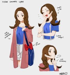 Rule 34 | ..., 1girl, :d, aged up, arrow (symbol), blue bag, blue shirt, blush, bow, braid, brown eyes, brown hair, character name, closed eyes, coat, commentary, creatures (company), english text, eyelashes, game freak, hand up, hazel0217, highres, holding strap, laughing, long hair, long sleeves, lyra (pokemon), multiple views, nintendo, open clothes, open coat, open mouth, pokemon, pokemon hgss, red bow, shirt, short sleeves, shorts, simple background, sketch, smile, spoken ellipsis, suspender shorts, suspenders, tongue, twin braids, white background, white shorts, |d