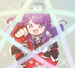 Rule 34 | 1girl, :d, arm up, black bow, blush, bow, clenched hand, commentary request, crown, dress, foreshortening, from above, grey background, hanazono mia, idol clothes, idol time pripara, long hair, looking at viewer, open mouth, pretty series, pretty series, pripara, purple eyes, purple hair, red dress, smile, solo, sparkle, star (symbol), star in eye, symbol in eye, terayamaden