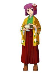 Rule 34 | 1girl, book, book stack, boots, female focus, flower, full body, hair flower, hair ornament, haori, hieda no akyuu, highres, holding, holding book, japanese clothes, kimono, no~ma, purple eyes, purple hair, short hair, smile, solo, touhou, transparent background, white background