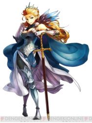Rule 34 | 1girl, adjusting hair, arm behind head, armor, blonde hair, blue eyes, breasts, cape, earrings, elbow gloves, feathers, female focus, gladius ringland, gloves, grand knights history, jewelry, large breasts, crossed legs, logo, long hair, lowres, official art, queen, solo, standing, sword, weapon