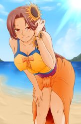 Rule 34 | 1girl, adjusting hair, bad id, bad pixiv id, beach, blush, breasts, brown hair, covered erect nipples, day, flower, hair flower, hair ornament, jackkazu39, large breasts, league of legends, leaning forward, leona (league of legends), long hair, looking at viewer, ocean, pool party leona, red eyes, smile, solo, sunflower, sunflower hair ornament, swimsuit