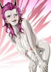 Rule 34 | 1girl, absurdres, breasts, completely nude, cum, cum on body, cum on breasts, cum on upper body, facial, ginrummy, highres, large breasts, long hair, looking at viewer, nel-zel formula, nude, one piece, purple hair, pussy juice, shiny skin, wide hips