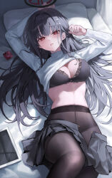 Rule 34 | 1girl, arms up, bed sheet, black bra, black hair, black halo, black pantyhose, black skirt, blue archive, bra, breasts, cleavage, clothes lift, commentary, hair ornament, hairpin, halo, highres, indoors, knee up, large breasts, lifted by self, long hair, long sleeves, looking at viewer, lying, on back, on bed, open mouth, pantyhose, red eyes, revision, ribbed sweater, rio (blue archive), skirt, solo, sweater, sweater lift, tablet pc, thighs, turtleneck, turtleneck sweater, underwear, white sweater, yam s2
