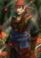 Rule 34 | 1boy, artist name, blue eyes, brown hair, dagger, dated, flower, gloves, hat, highres, iorveth, jeekyl sur, knife, male focus, one eye covered, petals, pointy ears, rose, solo, sword, tattoo, the witcher (series), the witcher 2, tree, weapon