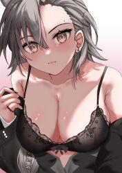 Rule 34 | 1girl, absurdres, akuakuran, animal ears, arknights, bare shoulders, black jacket, black nails, bow, bowtie, bra, breasts, cleavage, closed mouth, coat, collarbone, extra ears, highres, jacket, long hair, looking at viewer, medium breasts, mole above eye, mole on forehead, open clothes, open coat, penance (arknights), solo, underwear, wolf ears, wolf girl, yellow eyes