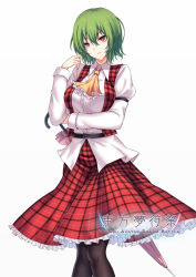 Rule 34 | 1girl, ascot, belt, black belt, black pantyhose, breasts, center frills, closed umbrella, commentary request, feet out of frame, frilled ascot, frills, green hair, hair between eyes, hand up, head tilt, holding, holding umbrella, juliet sleeves, kazami yuuka, koissa, large breasts, long sleeves, pantyhose, parted lips, petticoat, pink lips, pink umbrella, plaid, plaid skirt, plaid vest, puffy sleeves, red eyes, red skirt, red vest, shirt, short hair, simple background, skirt, smile, solo, standing, touhou, umbrella, vest, white background, white shirt, wing collar, yellow ascot