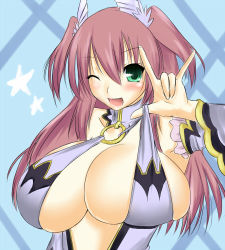 Rule 34 | 1girl, \m/, bad id, bad pixiv id, blush, breast lift, breasts, cleavage, detached sleeves, dress, green eyes, huge breasts, long hair, lowres, maia (pai touch!), one eye closed, open mouth, original, otogi (s in w), pai touch!, pink hair, seikan hikou, solo, twintails, wink