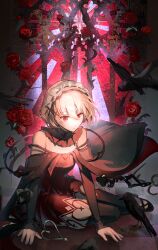 1girl absurdres arcaea bare_shoulders bird black_shoes blonde_hair chinese_commentary closed_mouth commentary_request crow detached_collar dress expressionless flower hair_between_eyes hair_ornament highres light_particles long_sleeves maid_headdress red_dress red_eyes red_flower red_rose rose shoes short_hair shuimian_feixing sitting solo variant_set vita_(arcaea) x_hair_ornament