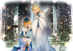 Rule 34 | 10s, 2girls, argyle, ayase eli, beret, blonde hair, blue bow, blue eyes, blue footwear, blue hat, blurry, blush, boots, bow, bridal garter, candle, candlestand, capelet, church, closed eyes, constellation, corset, depth of field, dress, eyebrows, flat chest, frilled sleeves, frills, fur trim, hat, holding hands, indoors, kiss, kissing hand, kosaka honoka, lace-trimmed sleeves, lace trim, light particles, long hair, long sleeves, looking at another, love live!, love live! school idol festival, love live! school idol project, mizukikushou, multiple girls, neck ribbon, on one knee, one side up, orange hair, photo background, profile, puffy short sleeves, puffy sleeves, ribbon, rounded corners, shirt, short sleeves, skirt, stairs, standing, starry sky print, white dress, white hat, white shirt, white skirt, white wings, wide sleeves, wings, yuri
