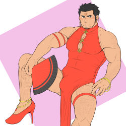 Rule 34 | 1boy, alternate costume, anklet, arm hair, bara, bare shoulders, black hair, blush, bracelet, bulge, chest hair, cleavage cutout, clothing cutout, covered erect nipples, cross scar, crossdressing, dress, earrings, facial hair, flat color, foot out of frame, gluteal fold, gold bracelet, gold earrings, hairy, hand fan, high heels, highres, holding, holding fan, houzouin oniwaka, jewelry, large pectorals, leg hair, long sideburns, looking at viewer, male focus, muscular, muscular male, pectoral cleavage, pectorals, pelvic curtain, porkjinta, red dress, scar, scar on face, scar on forehead, short hair, sideburns, sleeveless, sleeveless dress, solo, spread legs, stubble, thick eyebrows, thighs, tokyo houkago summoners