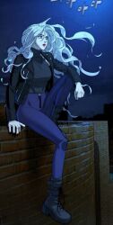 Rule 34 | 1girl, albino, black jacket, black shirt, blue eyes, boots, closed mouth, denim, erious, highres, jacket, jeans, night, night sky, official art, pants, park hayan, shirt, sky, unholy blood, white hair
