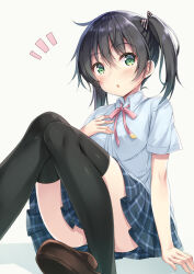 Rule 34 | 1girl, :o, black hair, black thighhighs, blue shirt, blue skirt, blush, brown footwear, collared shirt, commentary request, dress shirt, foot out of frame, green eyes, hair between eyes, hand on own chest, knees up, loafers, looking at viewer, love live!, love live! nijigasaki high school idol club, medium hair, miniskirt, neck ribbon, nijigasaki school uniform, notice lines, panties, pantyshot, partial commentary, pink ribbon, plaid clothes, plaid skirt, pleated skirt, ribbon, school uniform, shirt, shoes, short sleeves, simple background, sitting, skirt, solo, summer uniform, takasaki yu, thighhighs, twintails, underwear, wakui tomo, white background, white panties