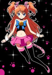 Rule 34 | 10s, 1girl, animal ears, bare shoulders, bell, black background, black thighhighs, blue eyes, bow, brown hair, cat ears, cat tail, choker, crop top, full body, high heels, houjou hibiki, jingle bell, kemonomimi mode, long hair, midriff, navel, panther pink (precure), paw print, pink skirt, precure, ribbon, shirono, skirt, smile, solo, suite precure, tail, thighhighs, two side up, very long hair, wrist cuffs