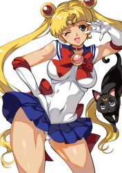 Rule 34 | 1girl, ;d, bishoujo senshi sailor moon, blonde hair, blue eyes, blue skirt, breasts, brooch, cat, choker, commentary request, covered navel, crescent, crescent choker, crescent facial mark, diadem, double bun, facial mark, gloves, hair bun, hand on own hip, highres, jewelry, large breasts, long hair, looking to the side, luna (sailor moon), one eye closed, open mouth, red choker, sailor moon, sailor senshi uniform, simple background, skirt, smile, standing, tamiya akito, thighs, tsukino usagi, twintails, v, very long hair, white background, white gloves
