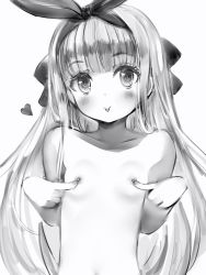 Rule 34 | 1girl, :p, bad id, bad pixiv id, blush, bow, flat chest, greyscale, hair bow, hairband, heart, highres, long hair, looking at viewer, monochrome, mononobe alice, nanashi (nlo), nijisanji, nipples, nude, simple background, smile, solo, tongue, tongue out, upper body, virtual youtuber, white background