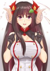 Rule 34 | 1girl, arcie albano, azur lane, bare shoulders, black gloves, blush, breasts, brown hair, cleavage, covered erect nipples, flower, gloves, gradient background, hair flower, hair ornament, hands up, highres, horns, large breasts, long hair, looking at viewer, open mouth, purple eyes, red flower, smile, solo, suruga (azur lane), very long hair