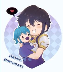 Rule 34 | 2girls, ahoge, armor, baby, black hair, blue hair, blush, breastplate, carrying, closed eyes, evomanaphy, fire emblem, fire emblem: genealogy of the holy war, happy birthday, heart, highres, holding baby, if they mated, larcei (fire emblem), looking at viewer, mother and child, multiple girls, nintendo, onesie, pacifier, purple tunic, shoulder armor, sidelocks, simple background, smile, speech bubble, spoken heart, tunic