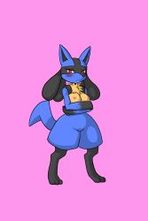 Rule 34 | 1girl, absurdres, animal ears, animal hands, blush, breasts, creatures (company), crossed arms, feet, full body, furry, furry female, game freak, gen 4 pokemon, half-closed eyes, highres, kewon, large breasts, legs apart, looking away, looking to the side, lucario, nintendo, nipples, pink background, pokemon, pokemon (creature), pokemon dppt, red eyes, simple background, solo, standing, tail, wolf ears