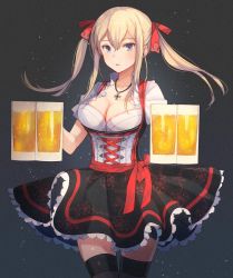 Rule 34 | 1girl, alcohol, beer, beer mug, black thighhighs, blonde hair, blue eyes, blush, breasts, circle skirt, cleavage, collarbone, corset, cross, cup, dirndl, dress, frilled dress, frills, german clothes, graf zeppelin (kancolle), grey background, hair between eyes, iron cross, jewelry, kantai collection, kasumi (skchkko), large breasts, long hair, looking at viewer, mug, necklace, oktoberfest, open mouth, sidelocks, solo, thighhighs, twintails